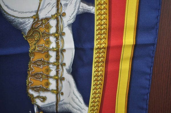 Authentic HERMES Carre 90 Scarf "GRAND APPARAT" Silk Navy K7573