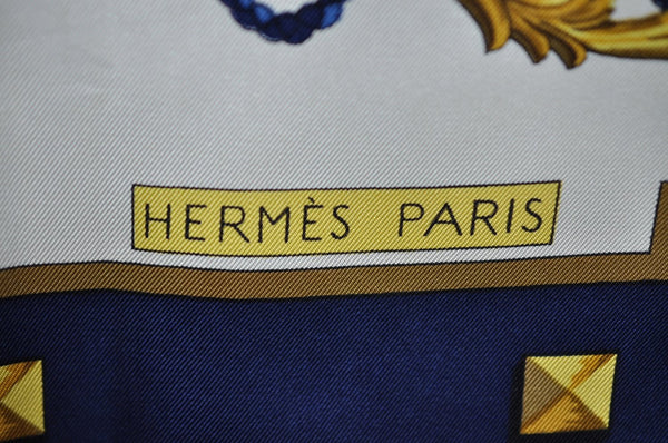 Authentic HERMES Carre 90 Scarf "LES CLES" Silk Navy K7587