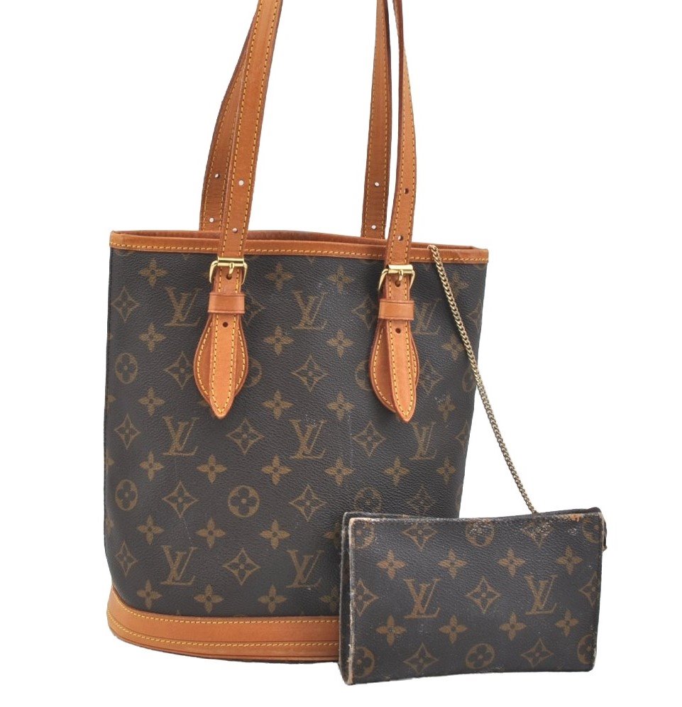 Authentic Louis Vuitton Monogram Bucket PM Shoulder Tote Bag M42238 Junk K7594