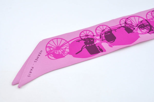 Authentic HERMES Twilly Scarf Horse Carriage Motif Silk Pink K7700