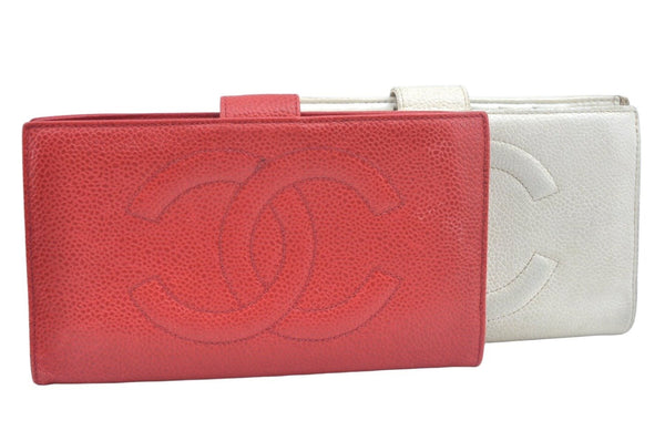 Authentic CHANEL Caviar Skin CoCo Mark Long Wallet Purse Red White 2Set K7730