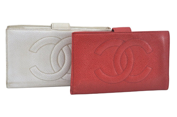 Authentic CHANEL Caviar Skin CC Logo Long Wallet Purse Red White 2Set K7730