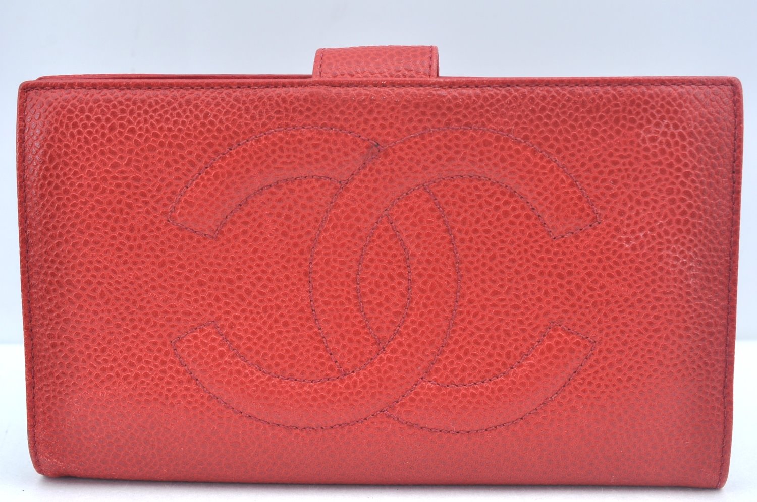 Authentic CHANEL Caviar Skin CoCo Mark Long Wallet Purse Red White 2Set K7730