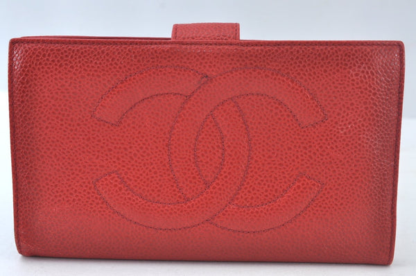 Authentic CHANEL Caviar Skin CC Logo Long Wallet Purse Red White 2Set K7730