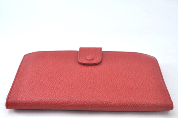 Authentic CHANEL Caviar Skin CC Logo Long Wallet Purse Red White 2Set K7730