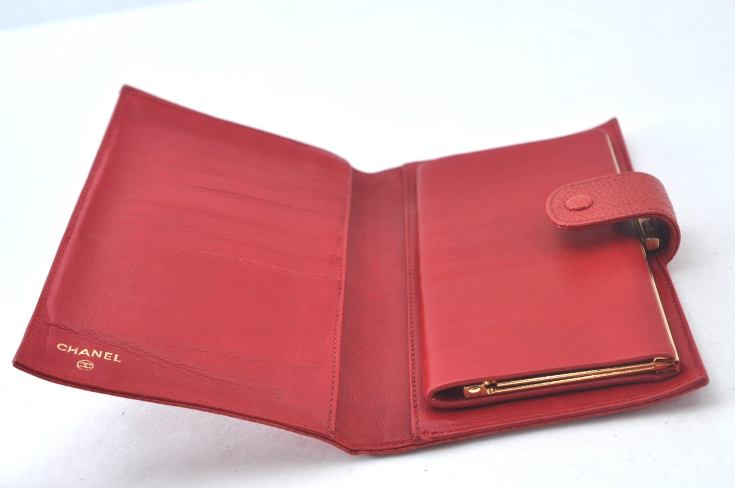 Authentic CHANEL Caviar Skin CC Logo Long Wallet Purse Red White 2Set K7730