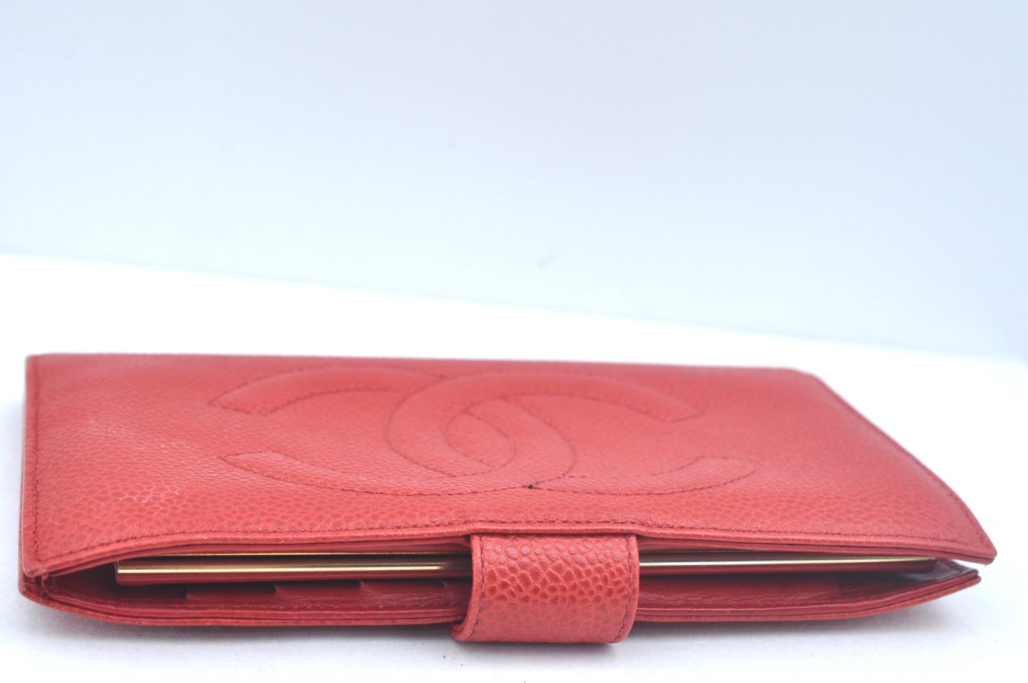 Authentic CHANEL Caviar Skin CoCo Mark Long Wallet Purse Red White 2Set K7730