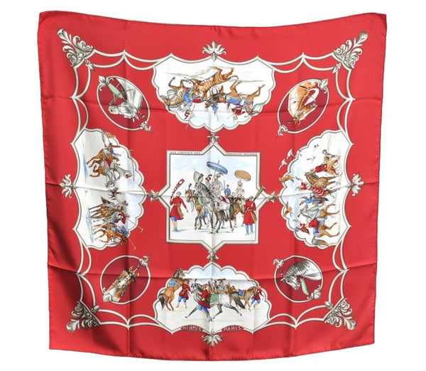 Authentic HERMES Carre 90 Scarf "LES CHEVAUX DES MOGHOLS" Silk Red K7735