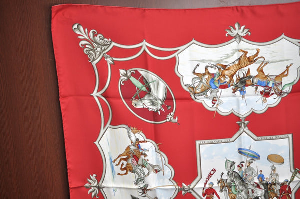 Authentic HERMES Carre 90 Scarf "LES CHEVAUX DES MOGHOLS" Silk Red K7735