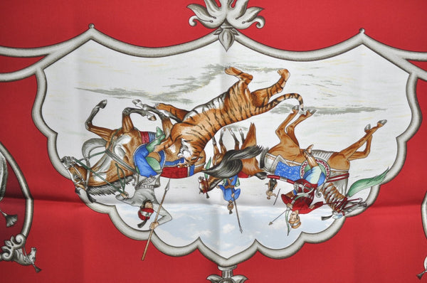 Authentic HERMES Carre 90 Scarf "LES CHEVAUX DES MOGHOLS" Silk Red K7735