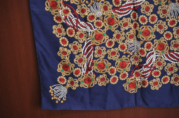 Authentic CHANEL Scarf Jewelry Motif Silk Navy Blue K7746