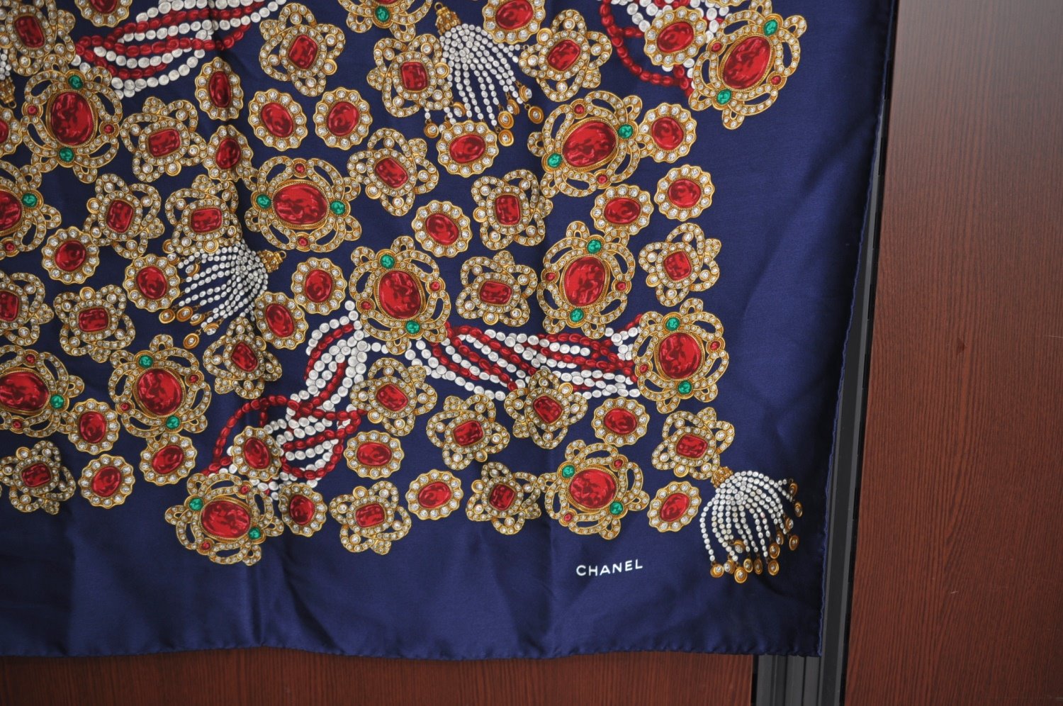 Authentic CHANEL Scarf Jewelry Motif Silk Navy Blue K7746