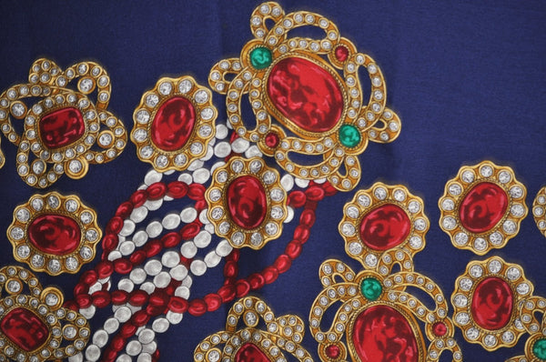 Authentic CHANEL Scarf Jewelry Motif Silk Navy Blue K7746