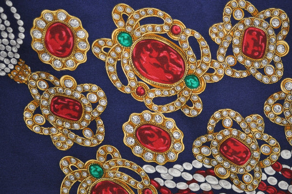Authentic CHANEL Scarf Jewelry Motif Silk Navy Blue K7746
