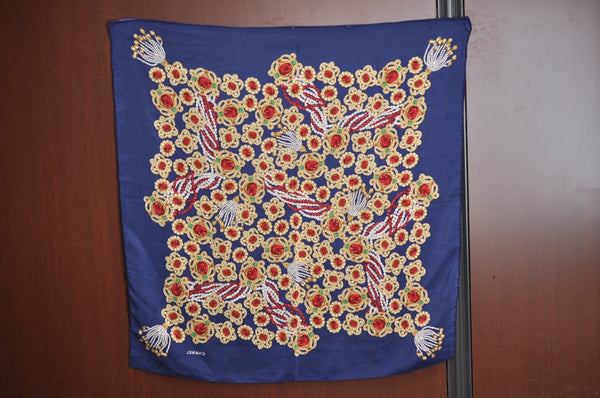 Authentic CHANEL Scarf Jewelry Motif Silk Navy Blue K7746
