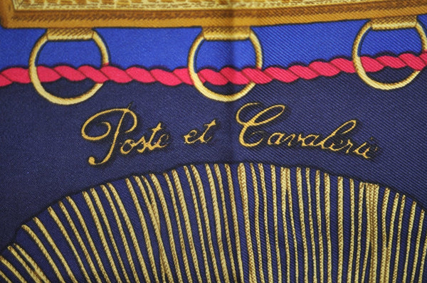 Authentic HERMES Carre 90 Scarf "Paste et Bavalerie" Silk Navy K7774