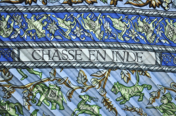 Authentic HERMES Pleats Scarf "CHASSE EN INDE" Silk Light Blue K7781