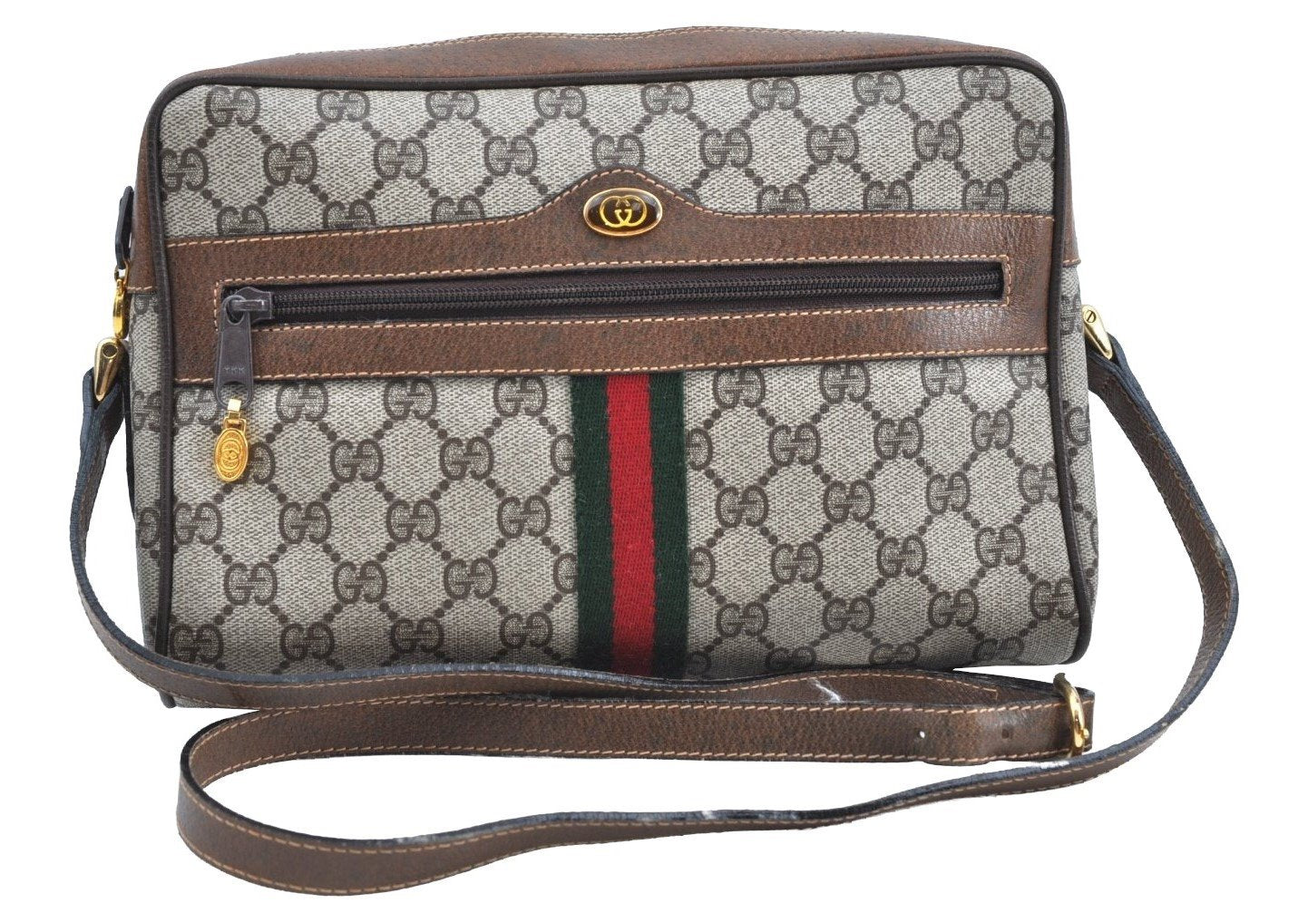 Authentic GUCCI Web Sherry Line Shoulder Bag GG PVC Leather Brown Junk K7840