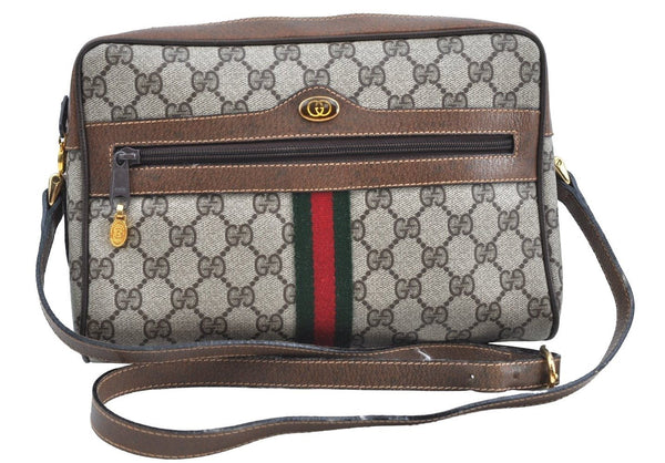 Authentic GUCCI Web Sherry Line Shoulder Bag GG PVC Leather Brown Junk K7840