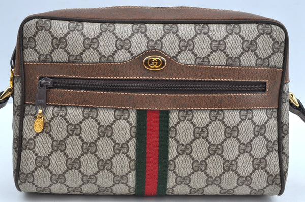 Authentic GUCCI Web Sherry Line Shoulder Bag GG PVC Leather Brown Junk K7840