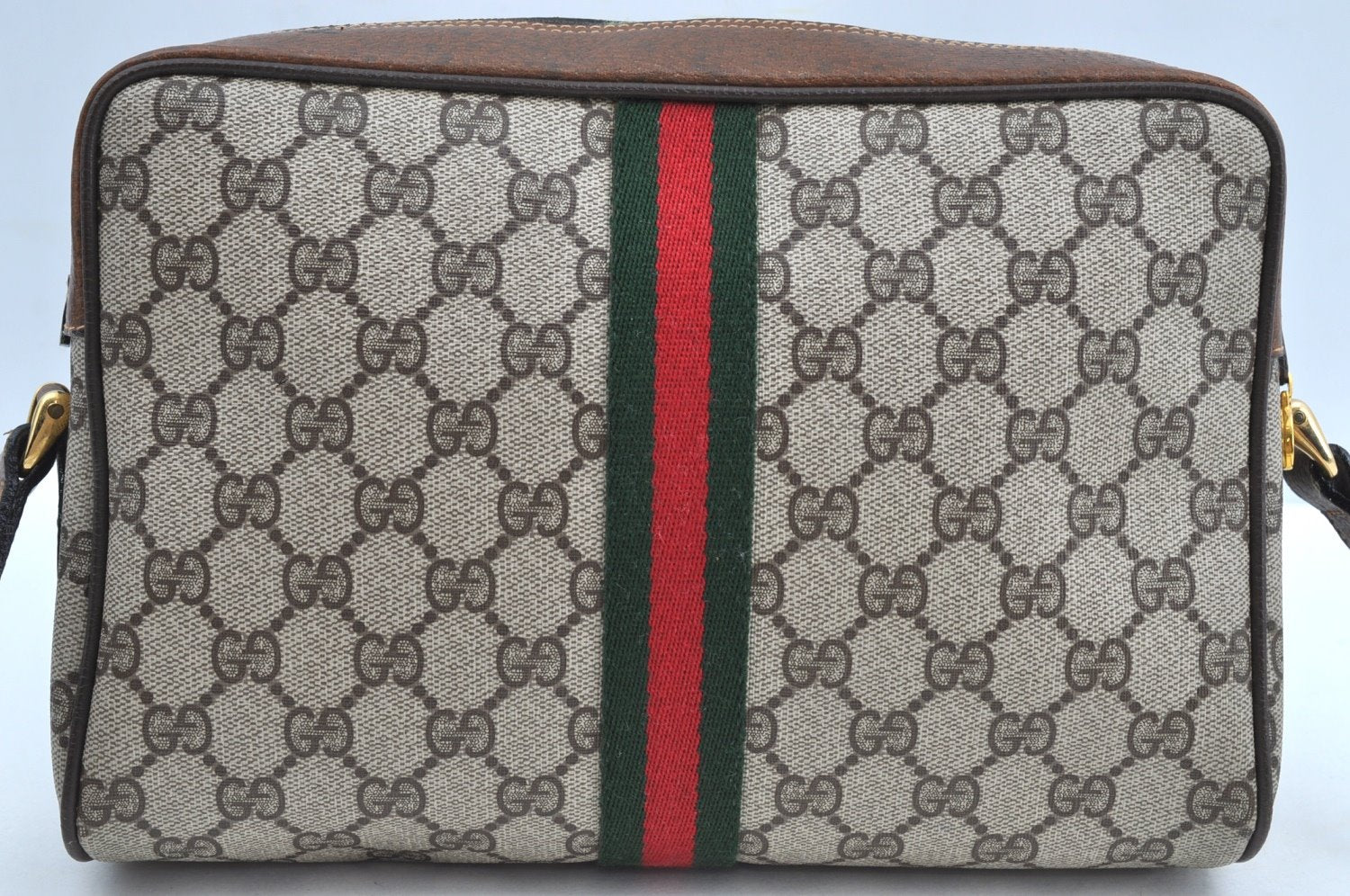 Authentic GUCCI Web Sherry Line Shoulder Bag GG PVC Leather Brown Junk K7840