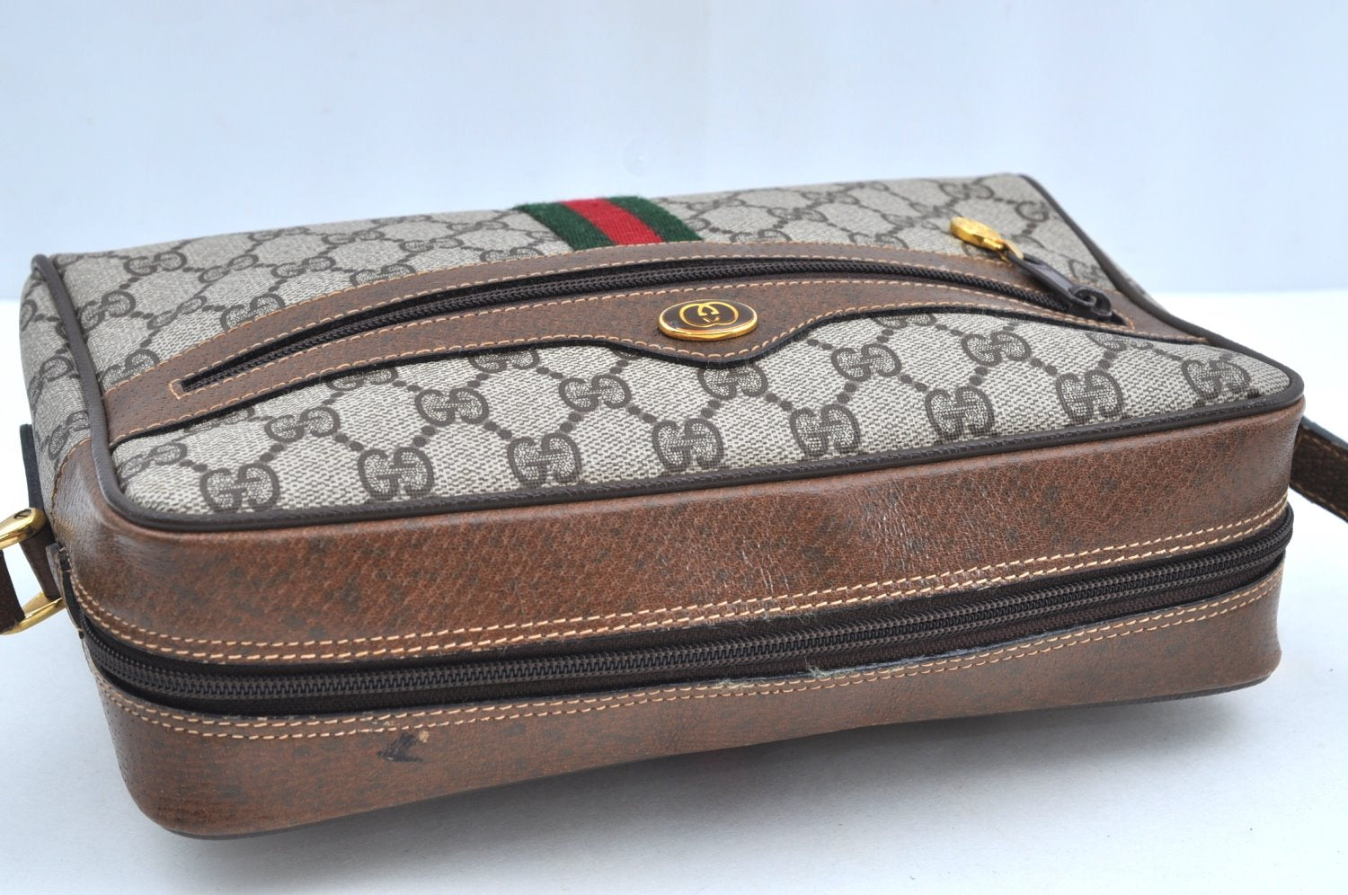 Authentic GUCCI Web Sherry Line Shoulder Bag GG PVC Leather Brown Junk K7840
