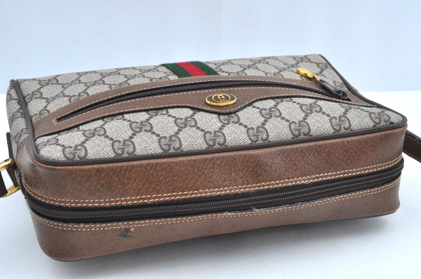 Authentic GUCCI Web Sherry Line Shoulder Bag GG PVC Leather Brown Junk K7840