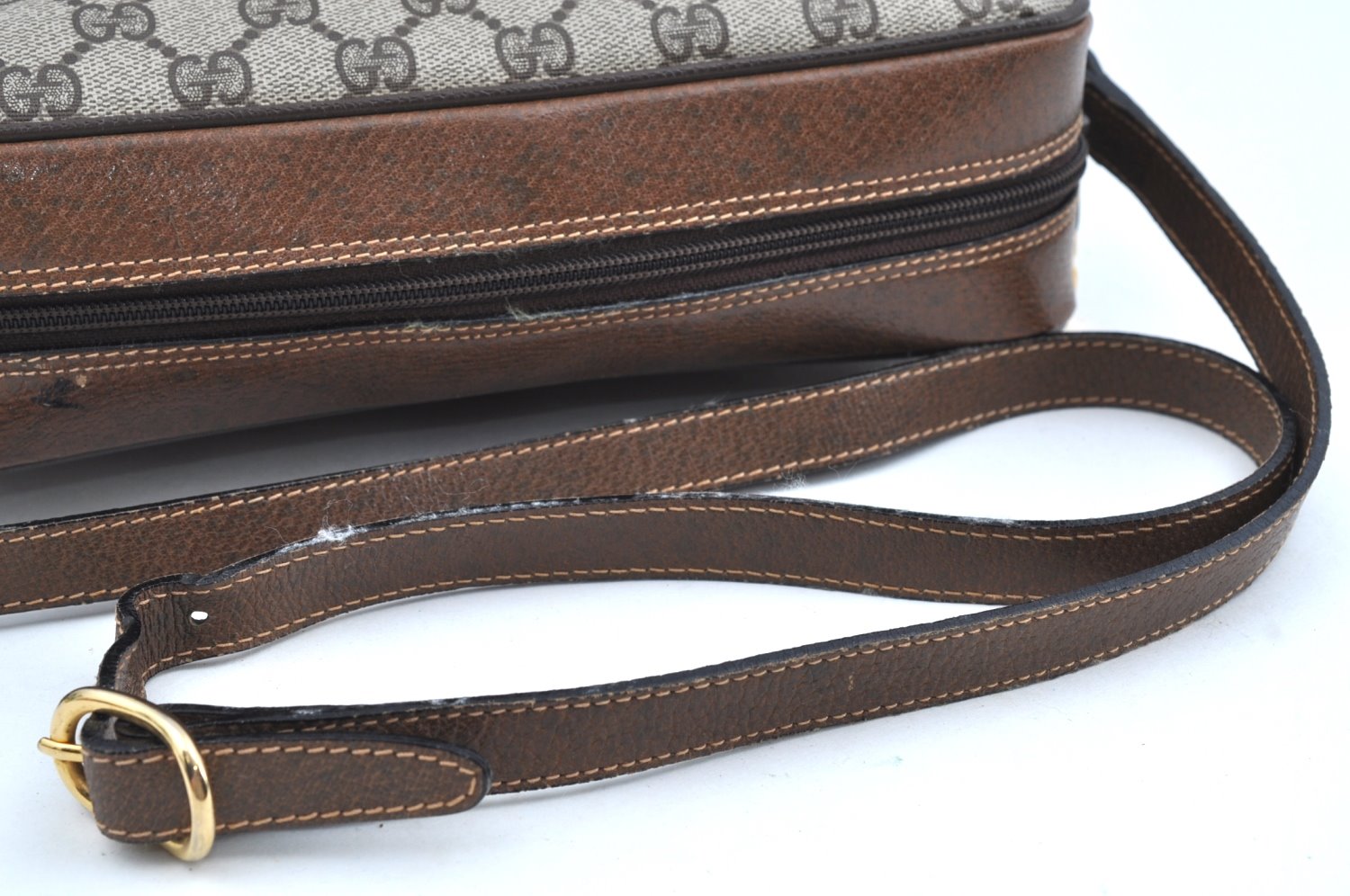 Authentic GUCCI Web Sherry Line Shoulder Bag GG PVC Leather Brown Junk K7840