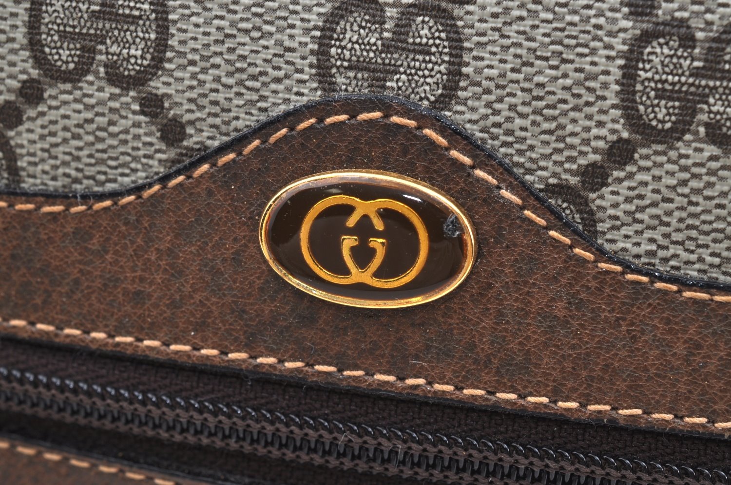 Authentic GUCCI Web Sherry Line Shoulder Bag GG PVC Leather Brown Junk K7840