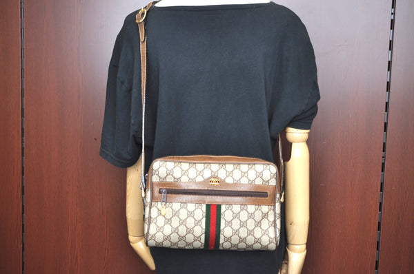 Authentic GUCCI Web Sherry Line Shoulder Bag GG PVC Leather Brown Junk K7840