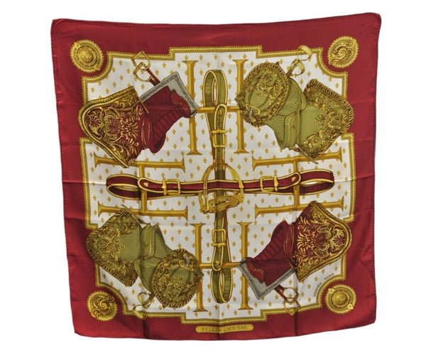 Authentic HERMES Carre 90 Scarf "SELLES A HOUSSE" Silk Bordeaux Red K7845