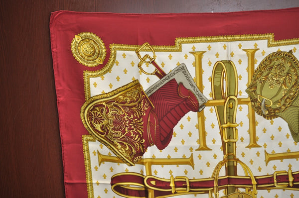 Authentic HERMES Carre 90 Scarf "SELLES A HOUSSE" Silk Bordeaux Red K7845