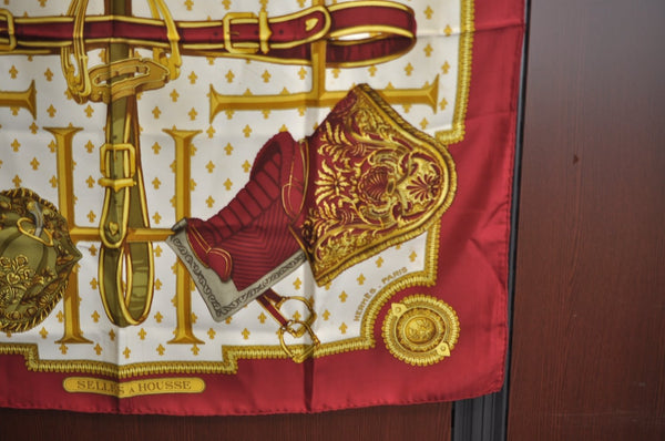 Authentic HERMES Carre 90 Scarf "SELLES A HOUSSE" Silk Bordeaux Red K7845
