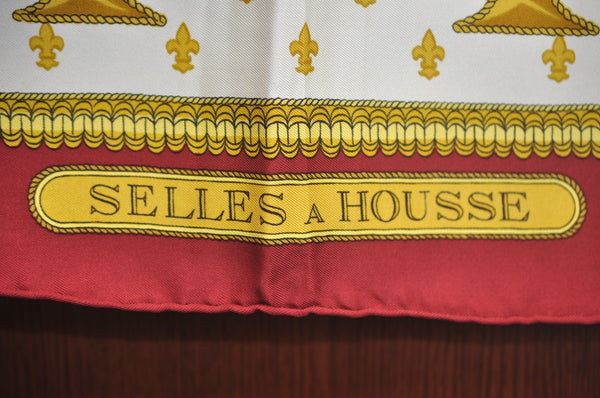 Authentic HERMES Carre 90 Scarf "SELLES A HOUSSE" Silk Bordeaux Red K7845
