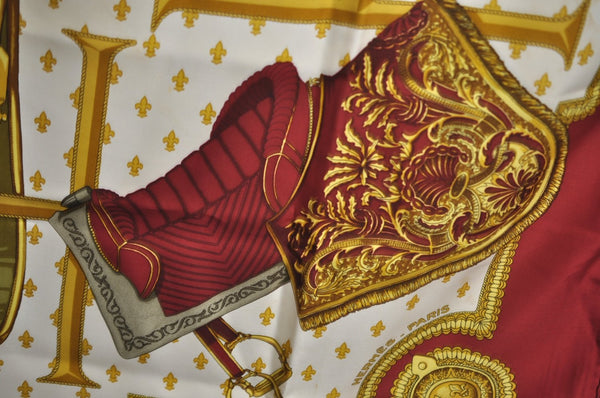 Authentic HERMES Carre 90 Scarf "SELLES A HOUSSE" Silk Bordeaux Red K7845