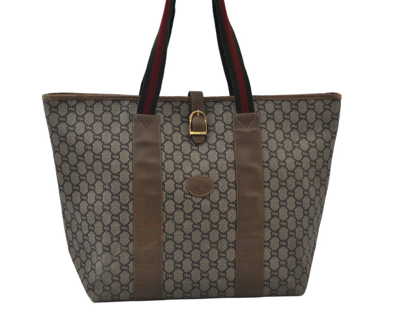Authentic GUCCI Web Sherry Line GG Plus Tote Bag GG PVC Leather Brown K7850