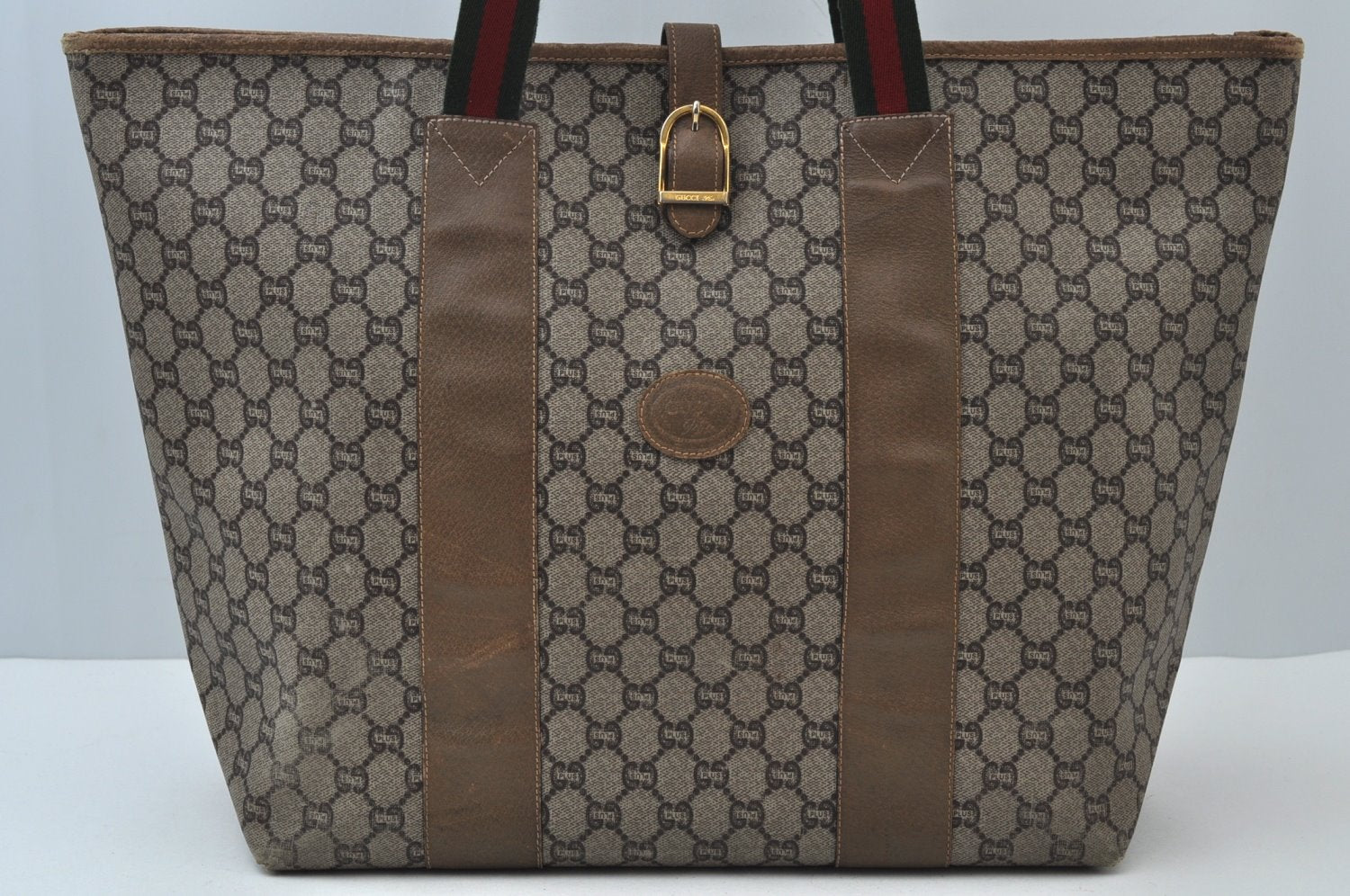 Authentic GUCCI Web Sherry Line GG Plus Tote Bag GG PVC Leather Brown K7850