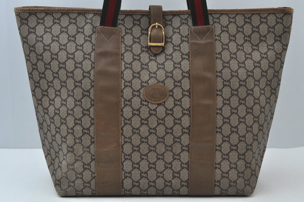 Authentic GUCCI Web Sherry Line GG Plus Tote Bag GG PVC Leather Brown K7850