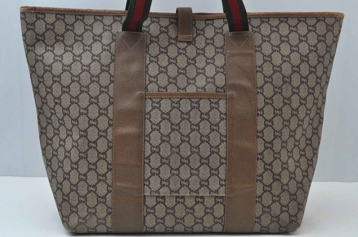 Authentic GUCCI Web Sherry Line GG Plus Tote Bag GG PVC Leather Brown K7850