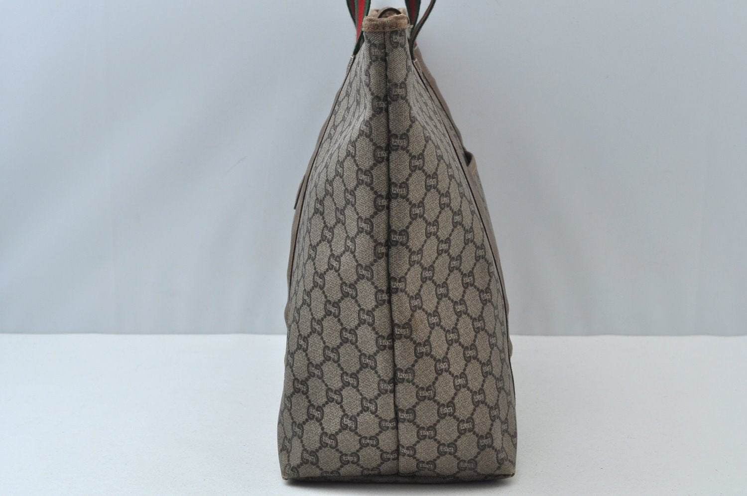 Authentic GUCCI Web Sherry Line GG Plus Tote Bag GG PVC Leather Brown K7850