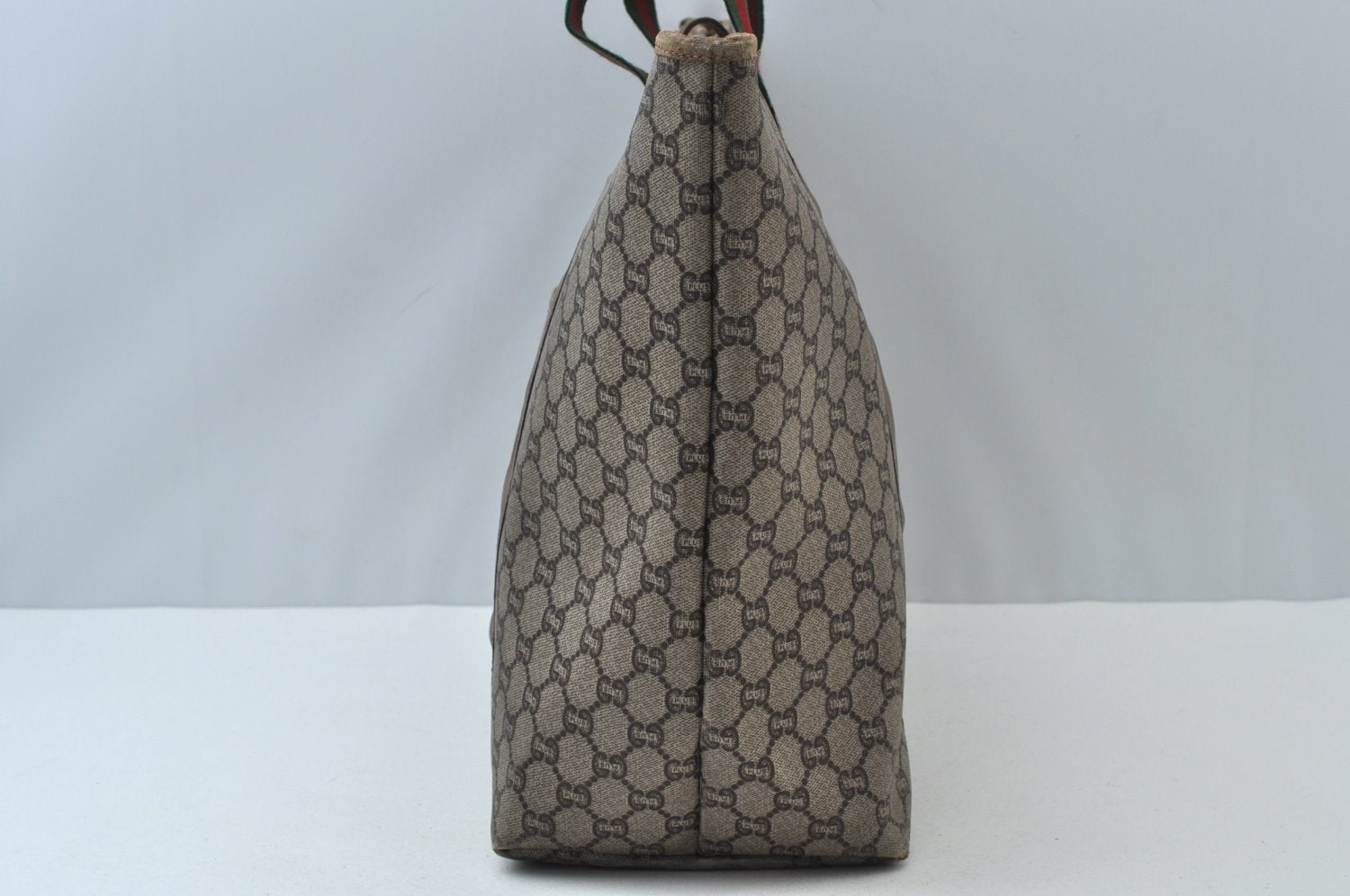 Authentic GUCCI Web Sherry Line GG Plus Tote Bag GG PVC Leather Brown K7850