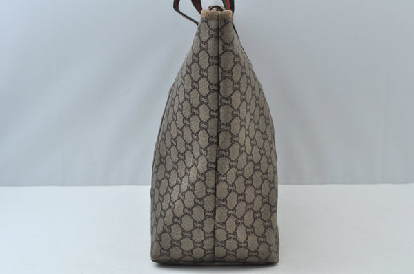Authentic GUCCI Web Sherry Line GG Plus Tote Bag GG PVC Leather Brown K7850