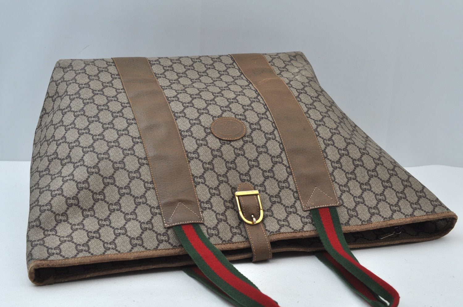 Authentic GUCCI Web Sherry Line GG Plus Tote Bag GG PVC Leather Brown K7850