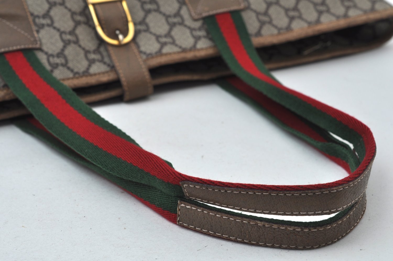 Authentic GUCCI Web Sherry Line GG Plus Tote Bag GG PVC Leather Brown K7850