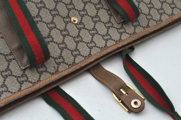 Authentic GUCCI Web Sherry Line GG Plus Tote Bag GG PVC Leather Brown K7850
