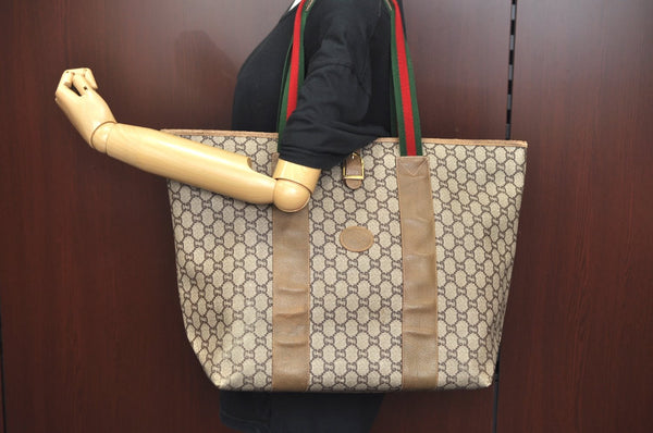 Authentic GUCCI Web Sherry Line GG Plus Tote Bag GG PVC Leather Brown K7850