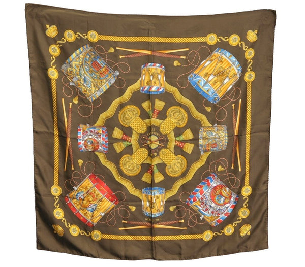 Authentic HERMES Carre 90 Scarf "LES TAMBOURS" Silk Brown K7851