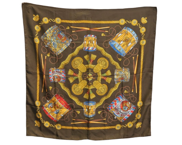 Authentic HERMES Carre 90 Scarf "LES TAMBOURS" Silk Brown K7851