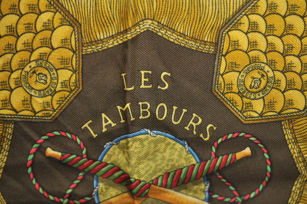Authentic HERMES Carre 90 Scarf "LES TAMBOURS" Silk Brown K7851