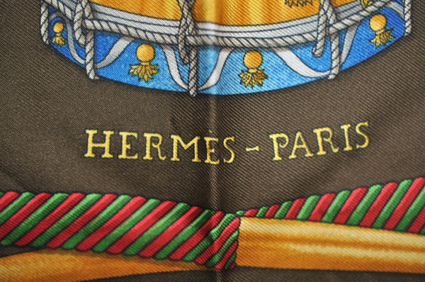 Authentic HERMES Carre 90 Scarf "LES TAMBOURS" Silk Brown K7851